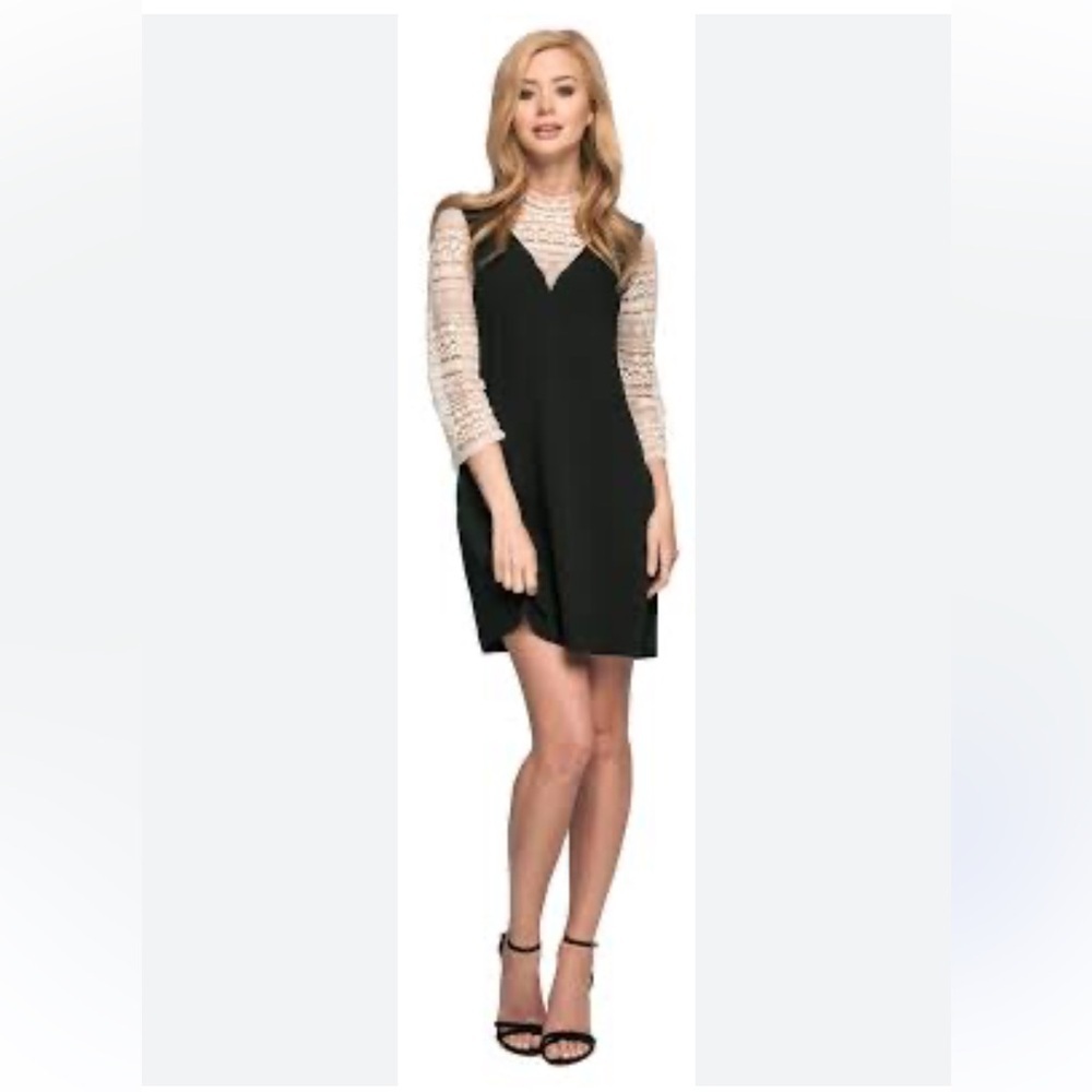 Zara Basic Women's Cream Lace 3/4 Sleeves Black Mini Party Dress Size M